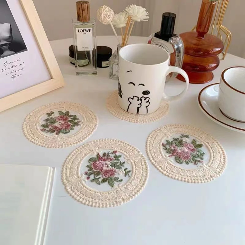 Cusack 2 pcs 12 cm Lace Applique Beige Mesh Embroidery  for Home Textiles Coaster Lace Fabric High Quality