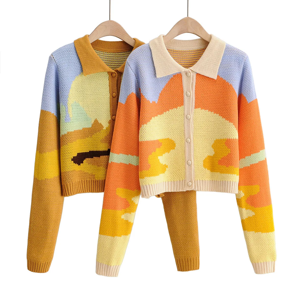 Autumn Vintage Sweater Sunrise And Sunset Style Sunshine Print Short Knitted Chic Lady Kawaii Fashion Cardigan Largo Mujer