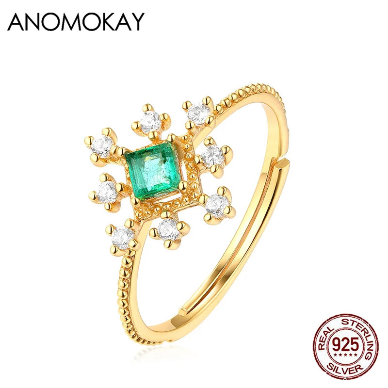 Anomokay Luxury Trendy Green Zircon Surround White Zircon Gold Color Rings One Size Real Sterling 925 Silver Rings for Party