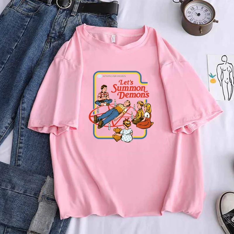 Lassen sie der Beschwören Dämonen Druck frauen Lustige T Shirts 2021 Sommer Rundhals Kleidung Oversize Harajuku 90s Top t, drop Schiff