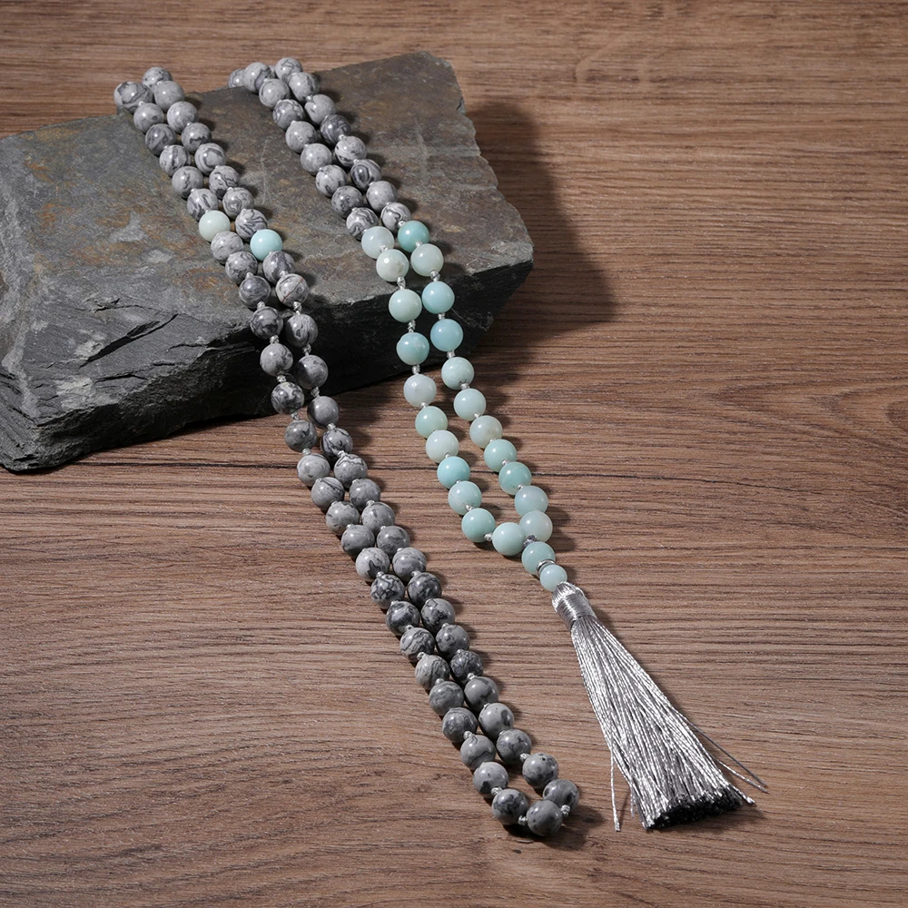 Map Stone & Tianhe Stone Beaded Knotted Necklace 108 Mala Rosary Meditation Blessing Yoga Japamala Jewelry with Tassel Pendant