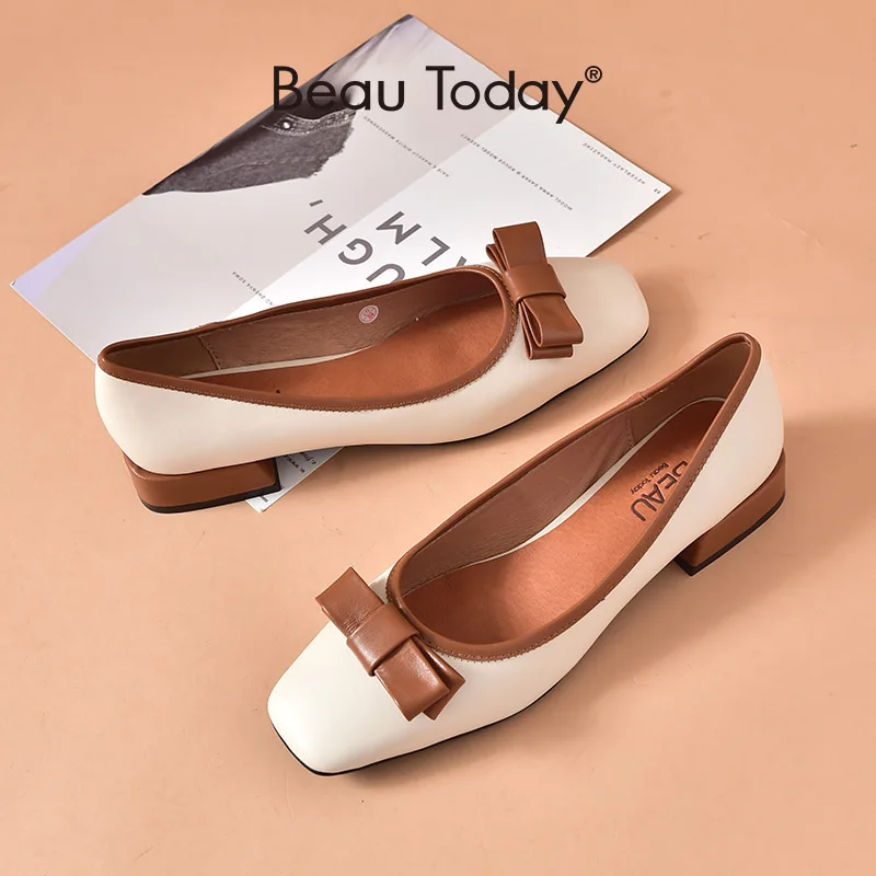 

BeauToday Ballet Flats Women Genuine Cow Leather Loafers Slip On Square Toe Butterfly Knot Shallow Ladies Shoes Handmade 18072