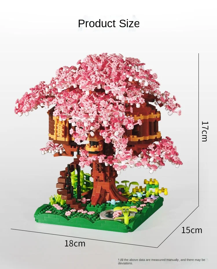 DIY Sakura House Tree Trains with Lights Building Blocks Kids Toys City Street View Assemble Bricks Montessori Creative Gifts