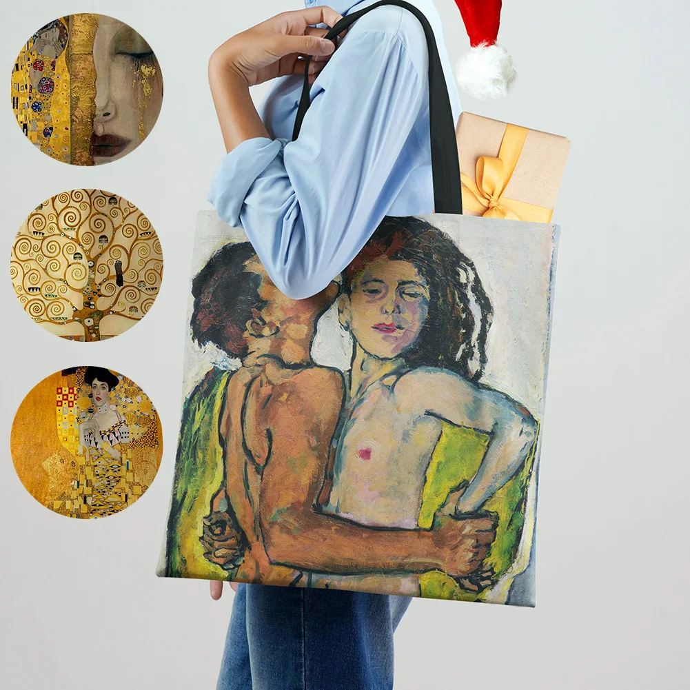 Customized Oil Painting Tears Linen Cloth Tote Bags For Women Gustav Klimt Ladise Fashion Handbag Large Capacity Shopping Totes