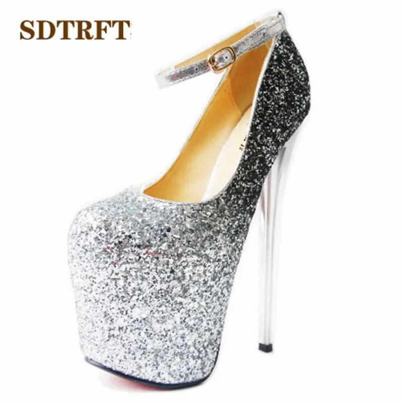 SDTRFT Gold Sliver Sequins Pumps Ladies Platform shoes woman 20cm thin heels Nighclub Ankle Strap single wedding Dance Stiletto