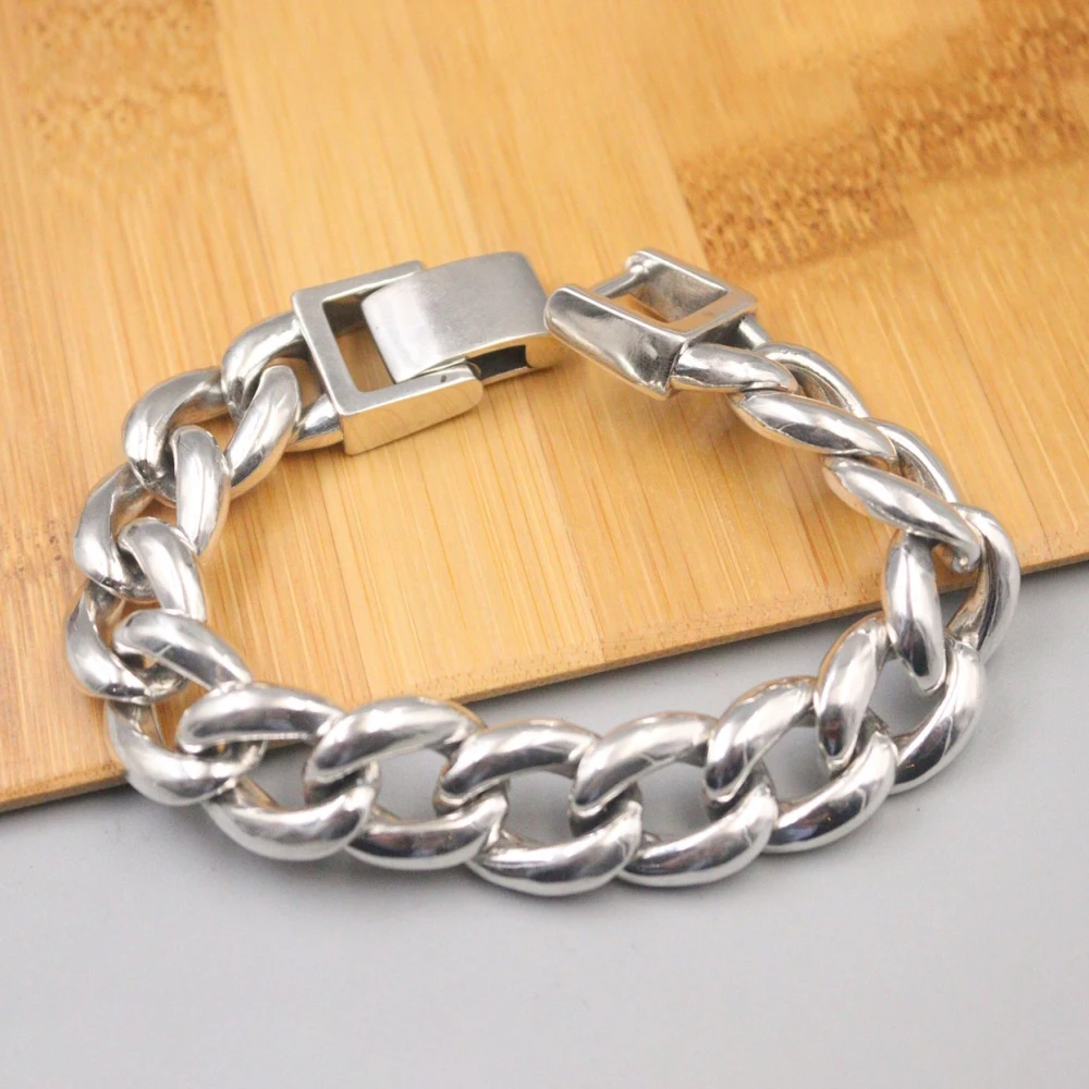 

Pure 925 Sterling Silver Bangle 15mm Width Curb Link Chain Bracelet For Men Lucky Gift 103-104g / 7.9inch