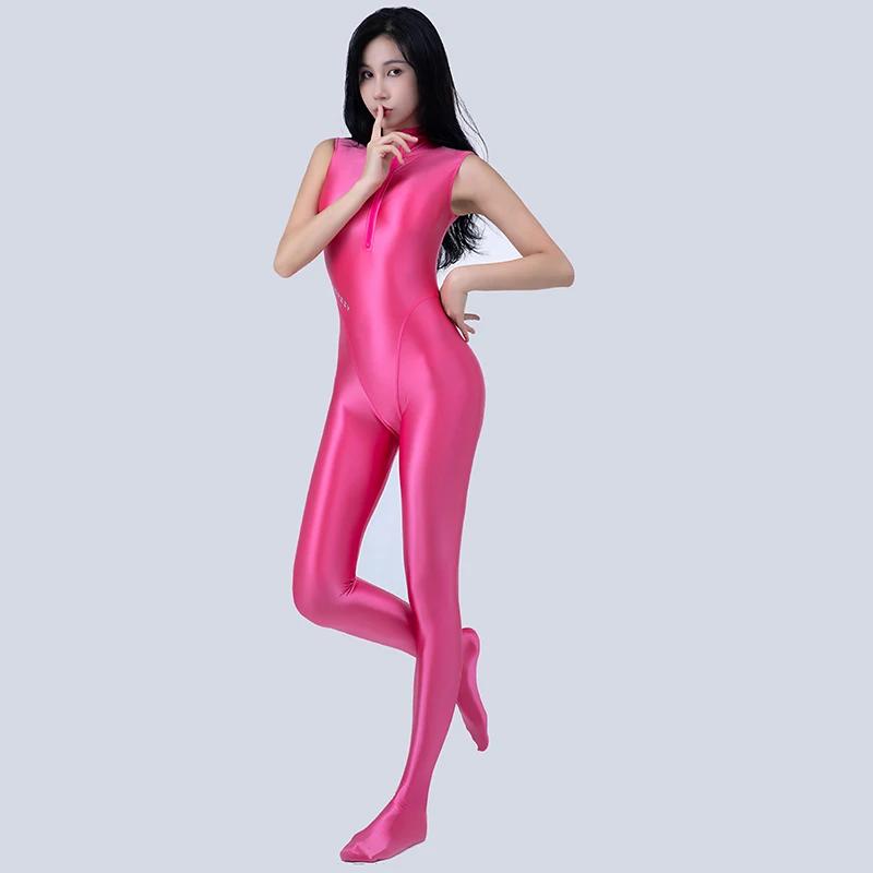 Satin Glossy Sexy Body Suit Women Shiny Tight One-Piece Swimsuit Sports Front Zipper Playsuit Catsuits Plus Size Bathing Suits