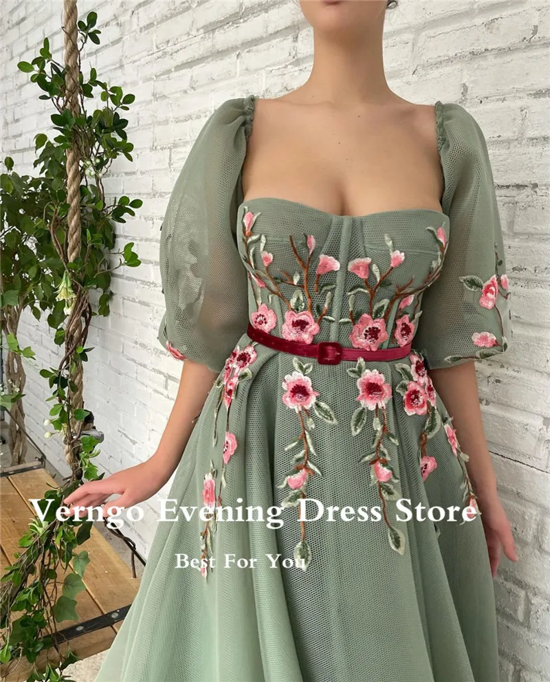 Verngo 2022 Een Lijn Oude Green Prom Dresses Met Puff Halve Mouwen Sweetheart Bloemen Gedrukt Enkellange Partij Formele Kleding