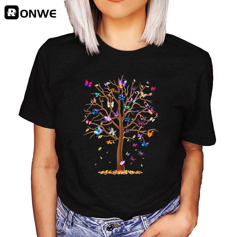 3D Butterfly Tree Woman Black T-shirt Girl Harajuku Summer Casual Short Slee Top Tee Female 2021 New Arrival,Drop Ship