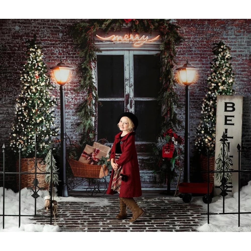 Дверь, Рождество, детский фон для фотосъемки, кирпичная стена, детские фоны, дерево, винтажный уличный фонарь, декор, детская фотостудия