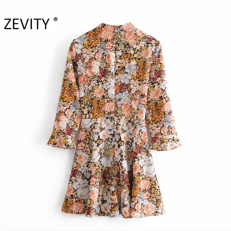 Zevity Autumn Women Vintage Stand Collar Flower Print A Line Mini Dress Office Ladies Ruffles Sleeve Casual Chic Vestido DS4542