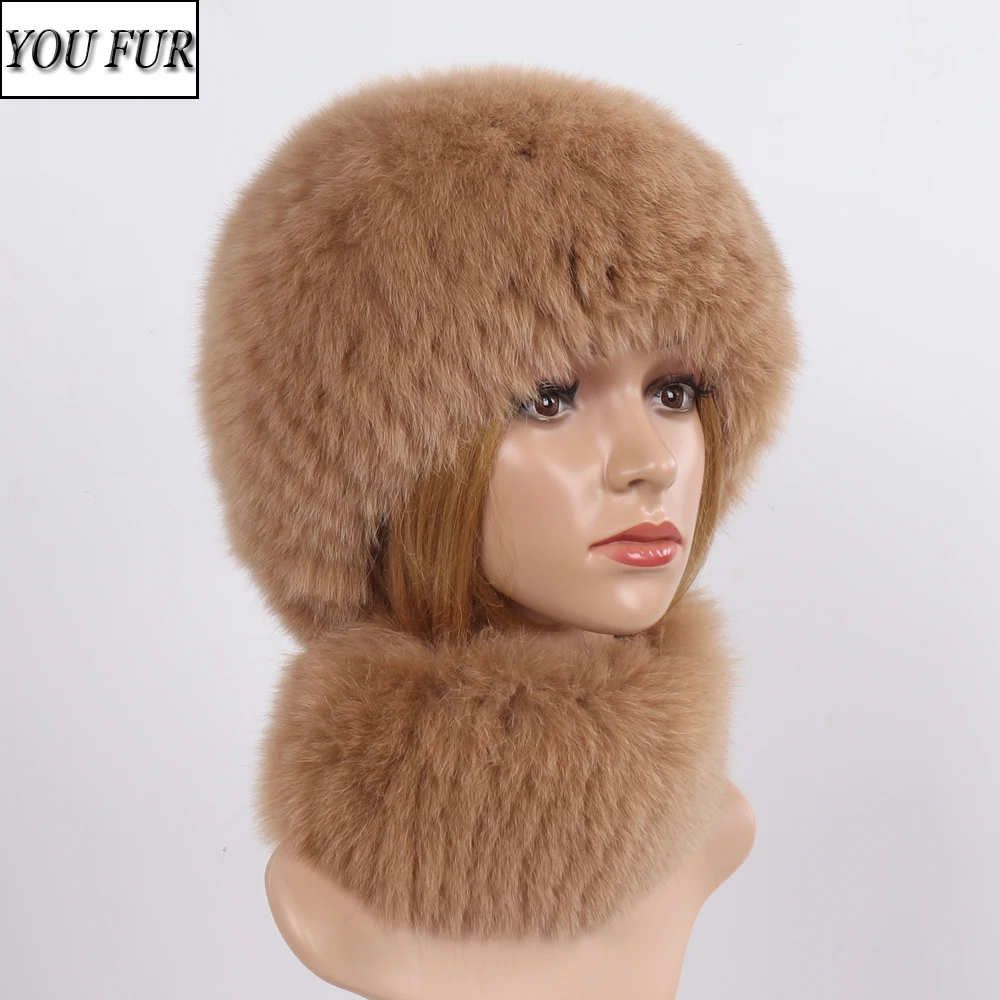 

New Winter Real Fox Fur Hat Scarf 2 Pieces Women Warm Natural Fox Fur Cap Scarves Sets Lady Luxury Knit Real Fox Fur Hat Muffler