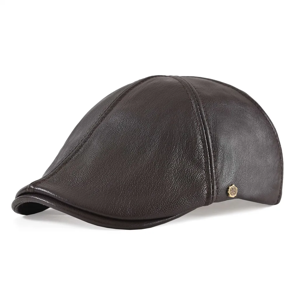 VOBOOM Leather Flat Cap Men Fall Winter Cabbies Hat Coffee Brown Ivy Caps Soft Smooth Textured Hats 154