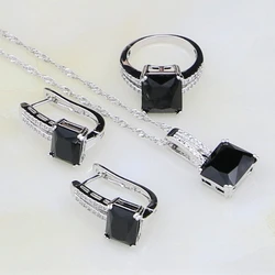 925 Silver Jewelry Black Stones White Cubic Zirconia Costume Jewelry Sets For Women Anniversary Earrings/Ring/Pendant/Necklace