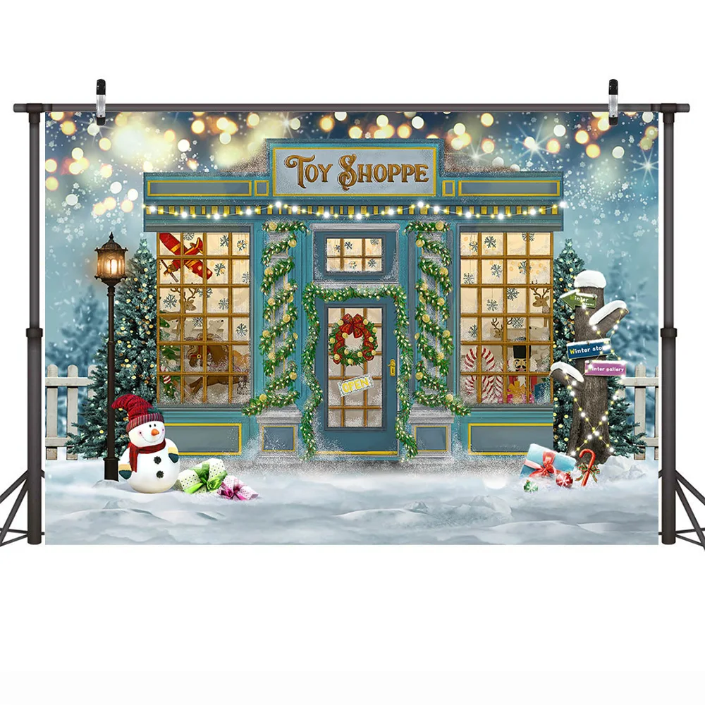 Mainan Musim Dingin Shoppe latar belakang Natal Photocall Bokeh salju manusia salju potret latar belakang fotografi pohon Snowfiled latar belakang