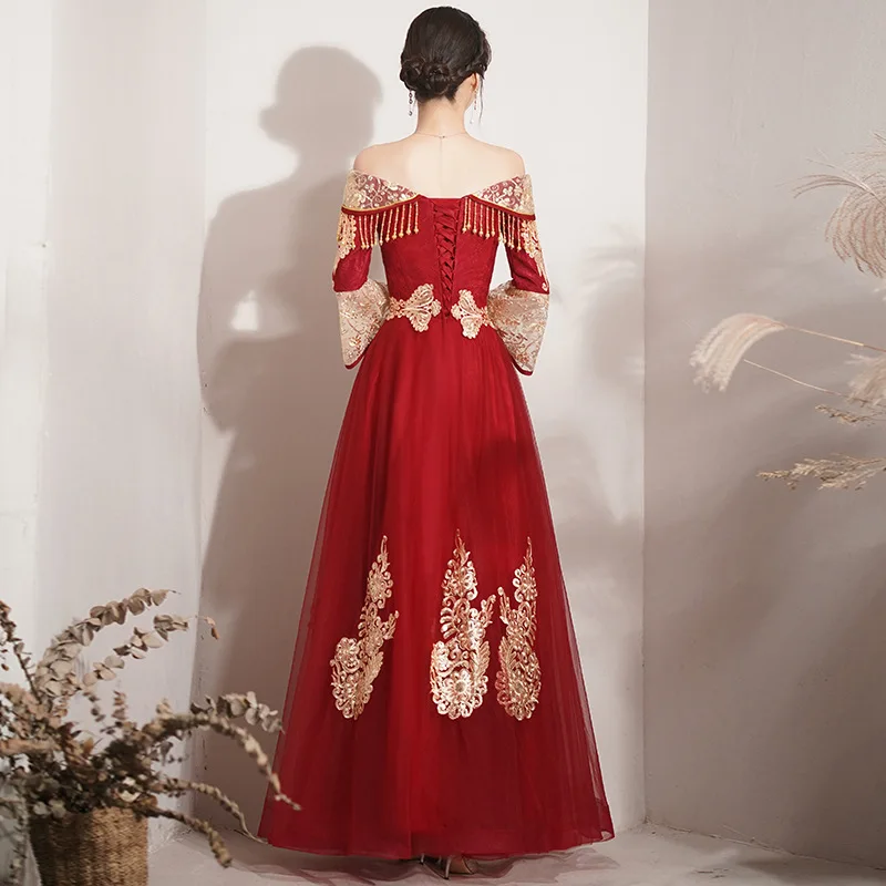 Sexy Luxurious Chinese Wedding Evening Dress Sequins Embroidered Flared sleeve Prom Dress Evening Gown Qipao Cheongsam