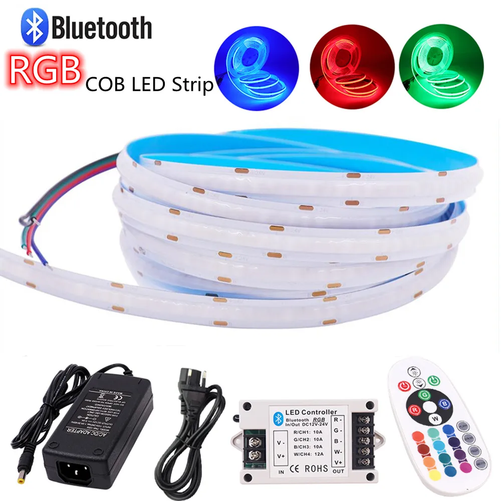 

5M RGB COB LED Strip 12V 24V 840 LEDs/m FlexibleTape Ribbon FOB 10mm Colorful 30A Bluetooth APP Control High Density RA90 Linear
