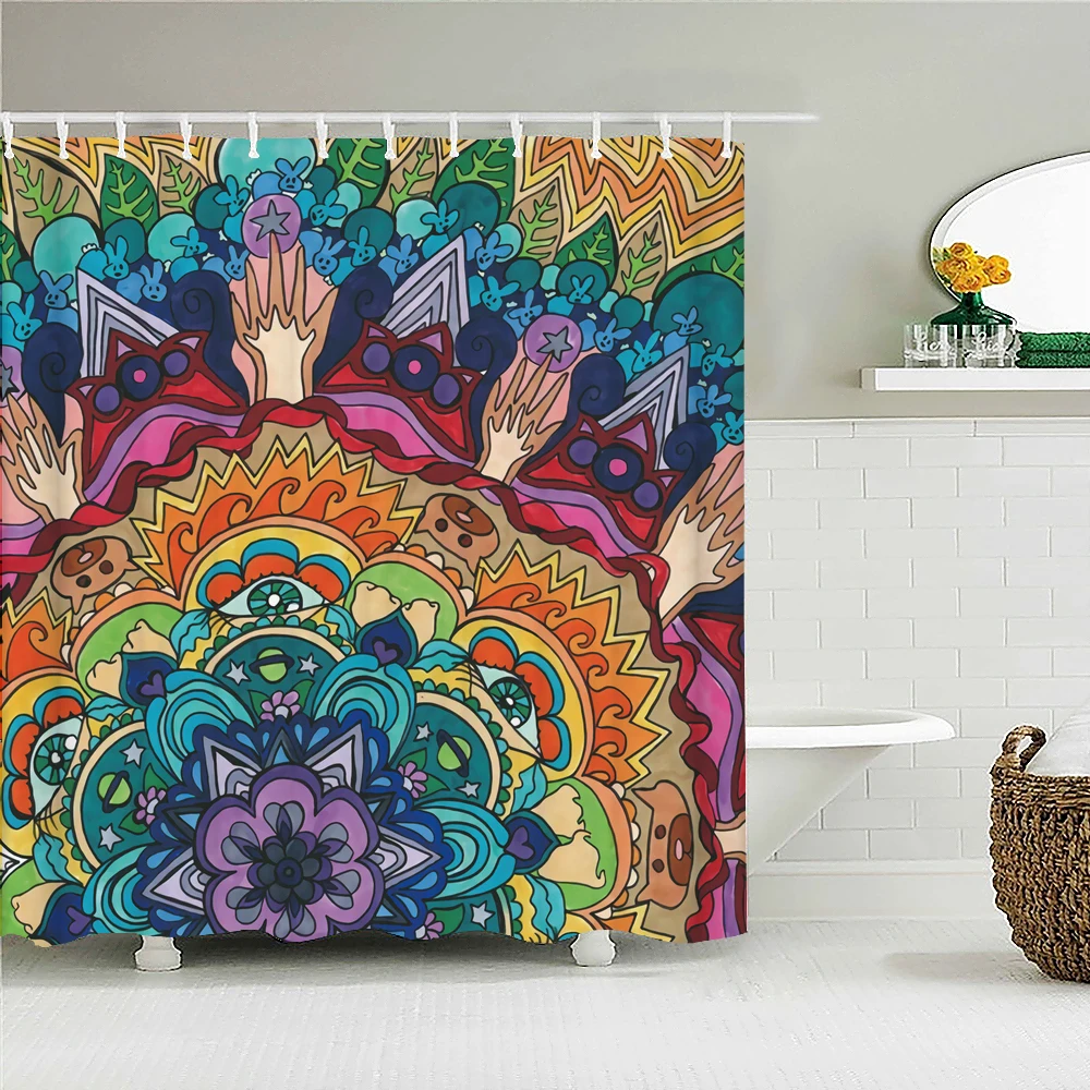 Bohemian Beach Fabric Shower Curtain Bathroom Curtains Indian Mandala Flower Waterproof Fabric Bath Screen with 12 Hooks