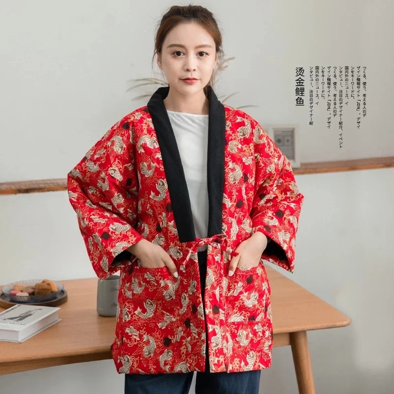 Print Warm Wadded Cotton Kimono Haori Japanese Style Winter Thick Cotton-Padded Coat Vintage Keep Warm Loose Kimonos Tops