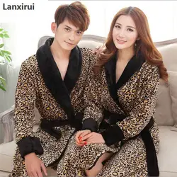 Leopard Print Flannel Lovers Bathrobes Robe Male Women Night Gown Thicken Coral Fleece Pajamas Sleepwear Lounge Kimono Feminino