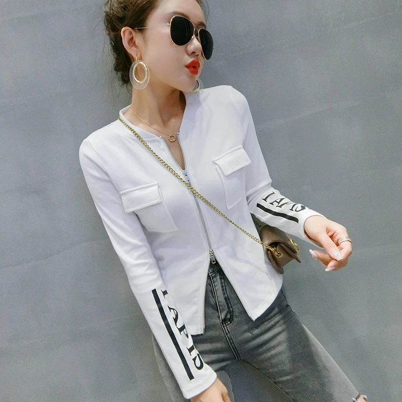 Fall Winter Korean Style Cotton Coat Sexy Chic Pockets Zipper Pullover Print Letter Women Tops 2022 New Short Jacket C08901L