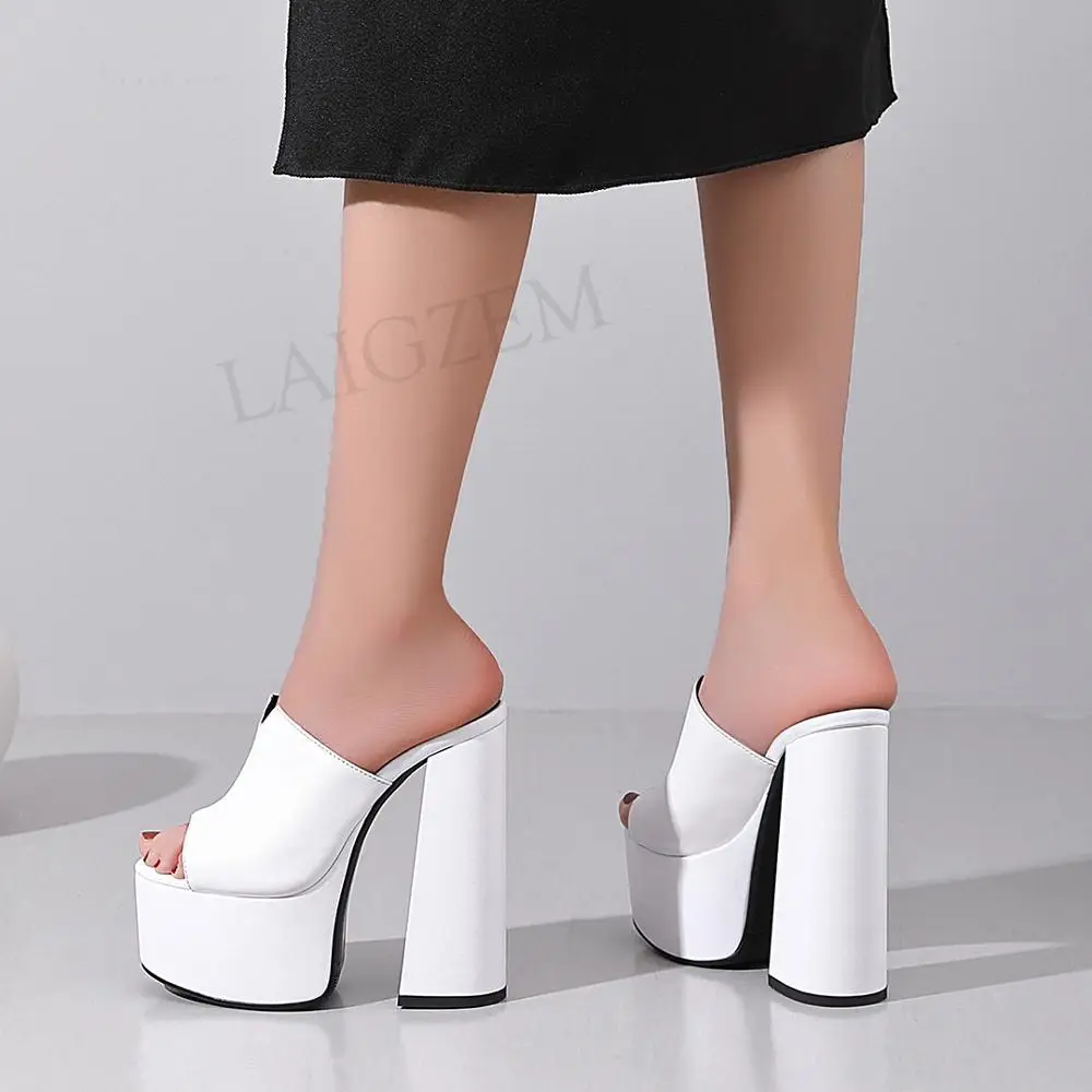 LAIGZEM Women Platform Slides Genuine LEATHER Sandals Chunky High Heels Mules Party Dress Ladies Shoes Woman Size 33 38 39 40