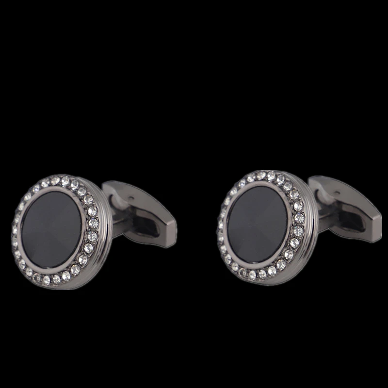 FLEXFIL Luxury shirt cufflinks for men's Brand cuff buttons cuff links gemelos High Quality round wedding Black crystal  Jewelry