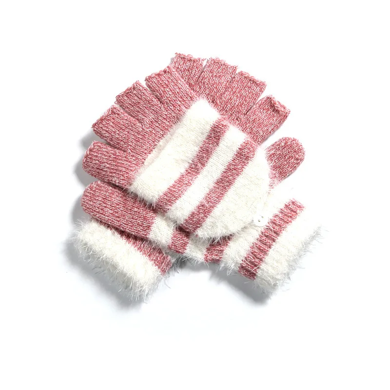 COKK Women Fingerless Gloves Cute Faux Rabbit Fur Stripe Knitted Gloves Female Winter Knitting Warmer Wrist Hand Gloves Mitten