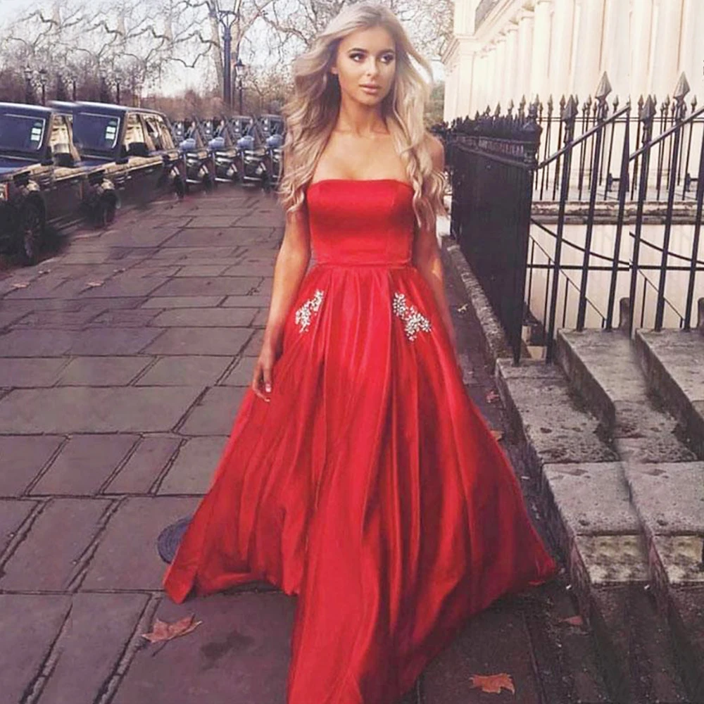 

Red Prom Dress Strapless Neck Evening Gown With Pockets Bead Wedding Party Dres Sleeveless A line Formal Dress Satin New