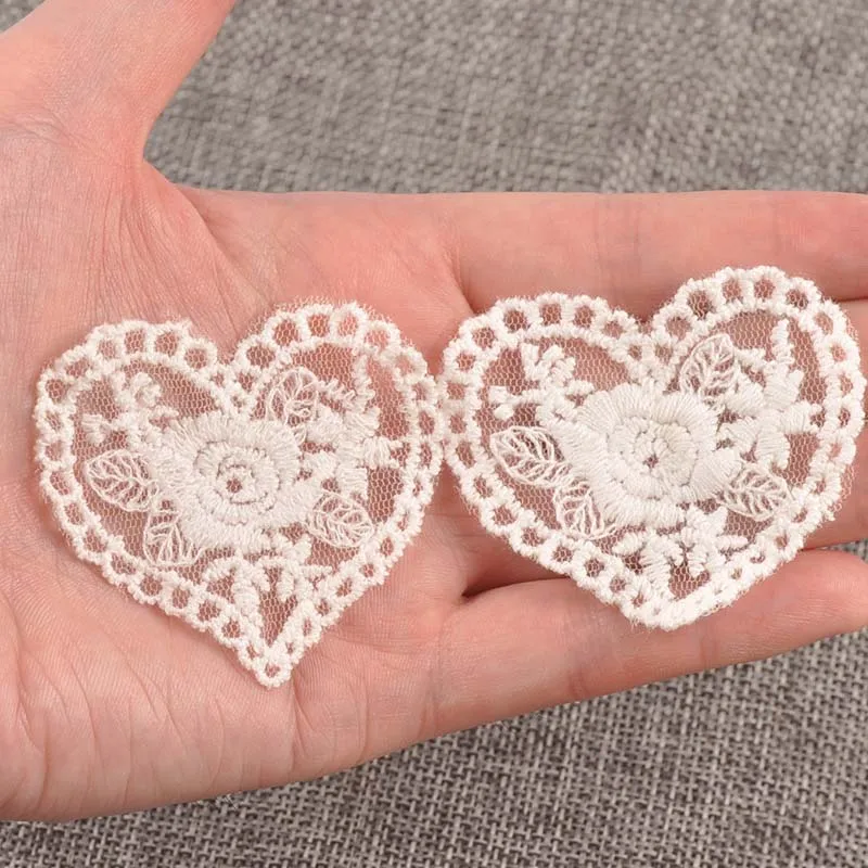 10Pcs Heart Embroidery Lace Applique Mesh Trim White Patch For Garment Accessories Decoration Sew On Guipure Lace Fabric c0991