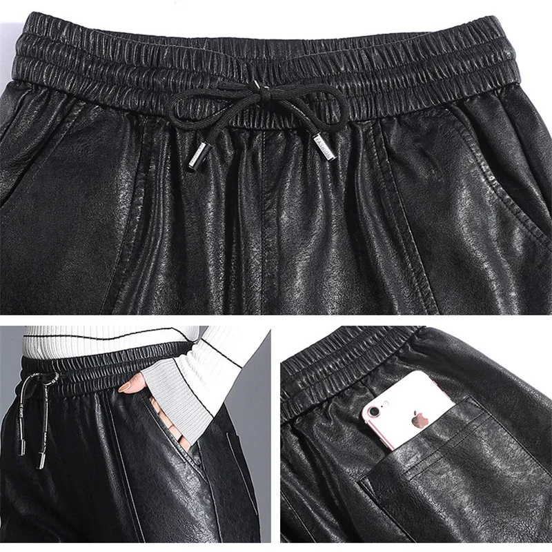 Women PU Leather Pants Fashion Drawstring Tie Ankle Trousers Elastic Waist Pants Pockets Black Streetwear Pantalones Mujer P162