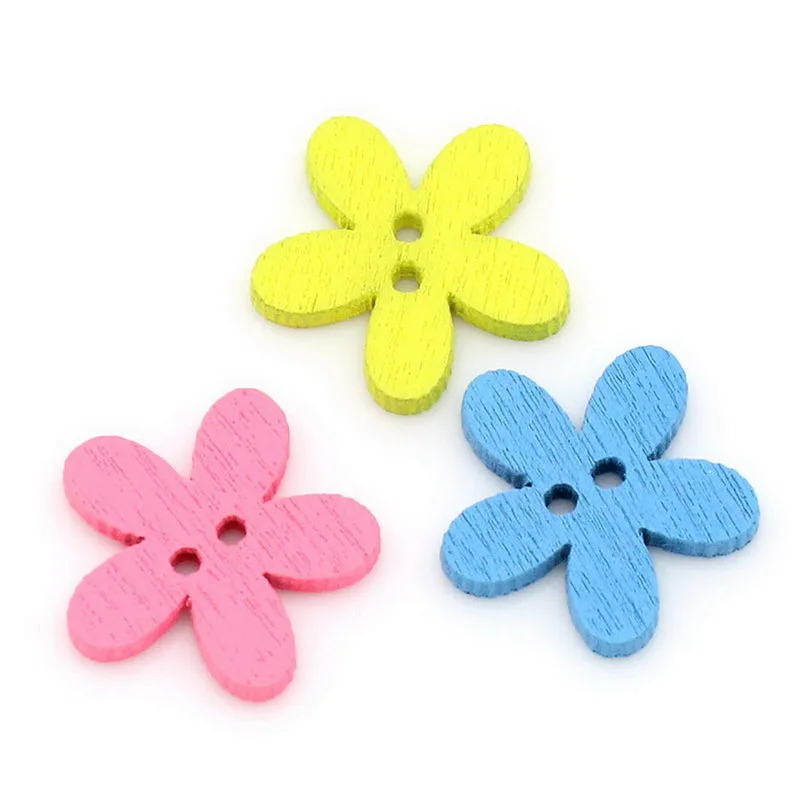 wholesale 20pcs 14-15mm Multicolor Cute Flower Natural Decoration Sewing Tool Scrapbooking Wood Buttons for Garment Supplies