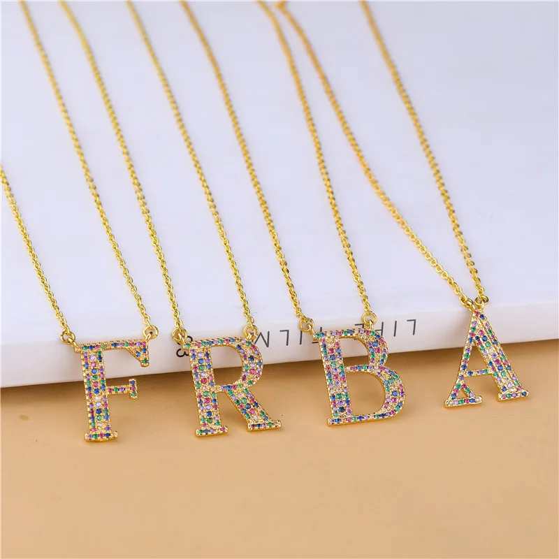 Juya 18K Real Gold Plated Rainbow Zircon Alphabet Initial Letter Charms For DIY Pendant Name Jewelry Making Accessories Supplies