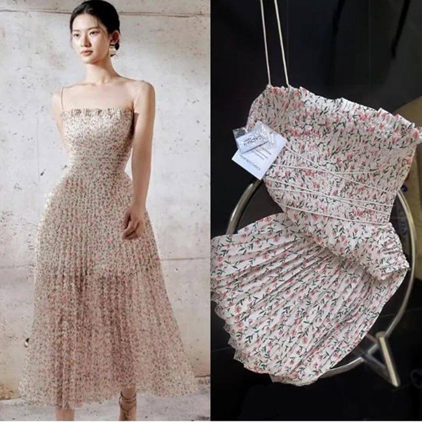 

French style summer vintage floral pleated dress women spaghetti strap high waist pleated beach dress