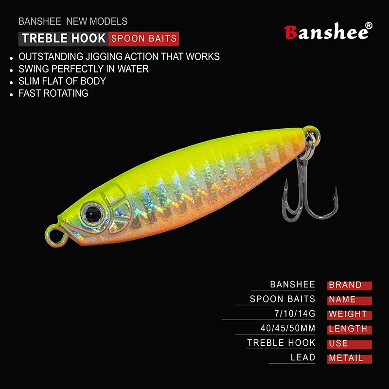 

Banshee Shore Metal Cast Jig Spoon Fishing Lures 7g 10g 14g Trout Spoon Lure Spinner Bait Shore Casting Jigging Lead Fish Bass