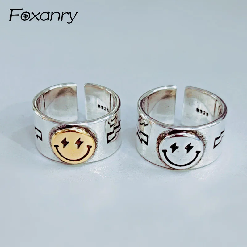 Foxanry Silver Color Party Rings Vintage Simple Smiling Face anillos Bohemian Jewelry for Women Valentine's Day Gifts