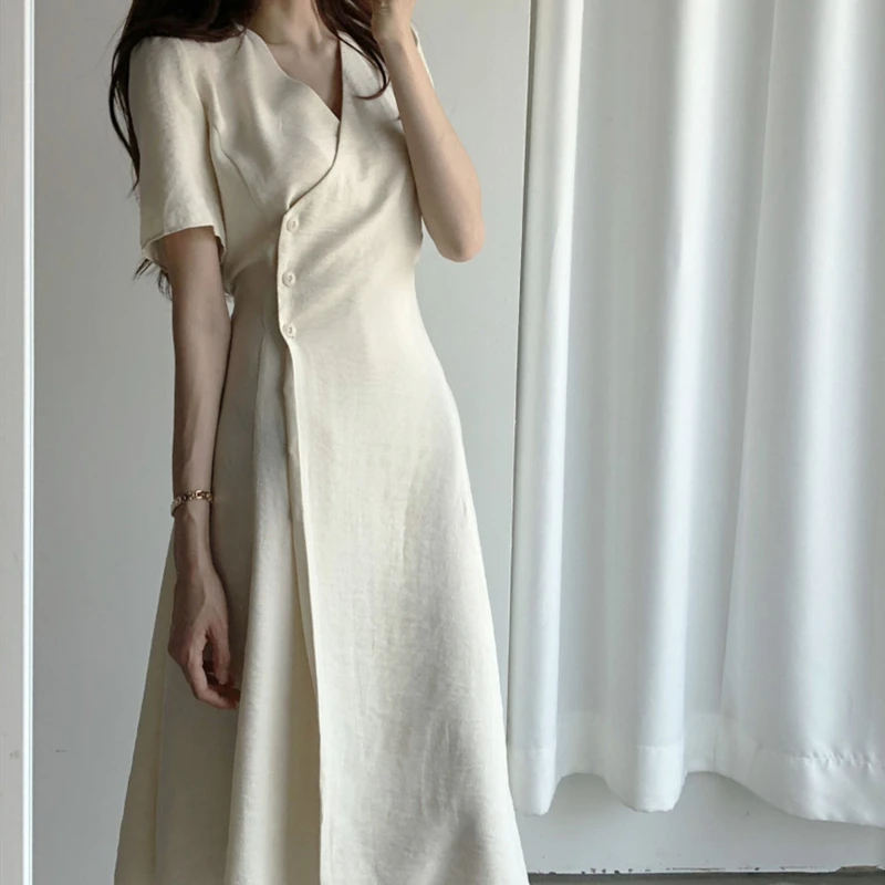 Colorfaith New 2021 Women Summer Dresses V-Neck Lace Up High Waist Vintage Elegant Korean Style Pure Lady Long Dresses DR3135A