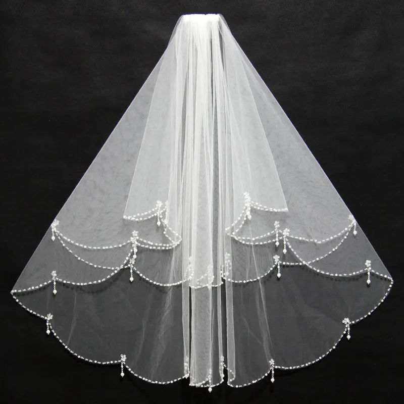 Voile perlé de mariée fait main blanc/ivoire, voile de dames avec peigne, 2 couches, tulle, accessoires de mariage