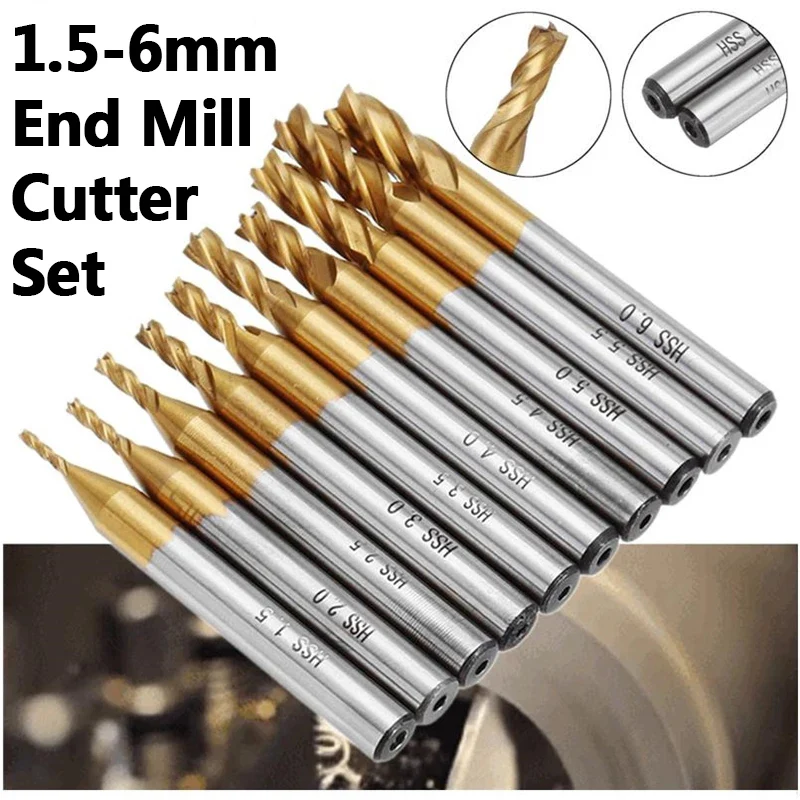 10Pcs Titanium Coating Milling Cutter Set 1.5-6.0mm HSS 4 Flute Metric End Mill Cutter 6mm Straight Shank CNC Drill Bits