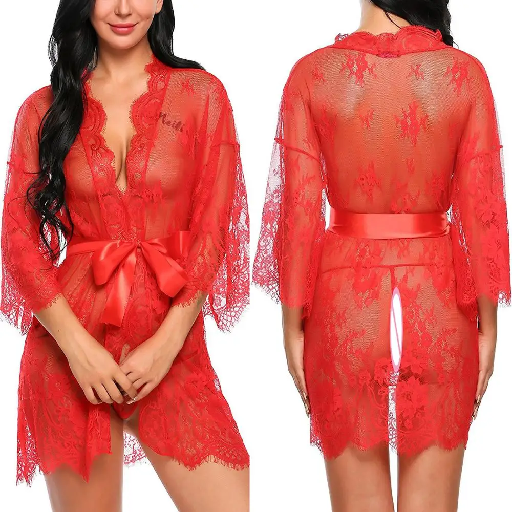 Lencería Sexy de encaje para mujer, vestido de noche, camisón de vendaje con escote en V profundo, transparente, sedoso, 2019