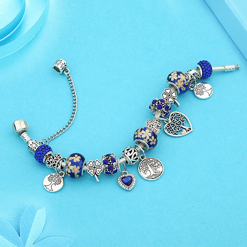 Leabyl Dropshipping Dark Blue Tree of Life DIY Charm Bracelet Silver Color Plant Heart Handmade Bead Bracelet Pulsera Hombre