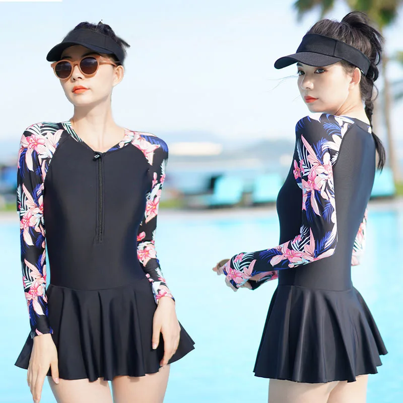 

One-piece Swimsuit Women's Long-sleeved Sun Protection Conservative Cover Belly Seaside Gym Swimming Sports Adult Swimsuit