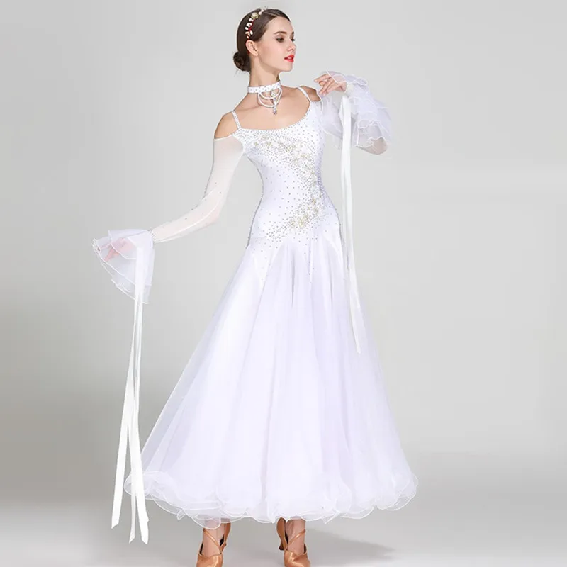 Blue Off Shoulder Ribbon Ballroom Dance Dresses Fringe Ballroom Dance Competition Dress Waltz Foxtrot Dress Rumba Dance Costumes