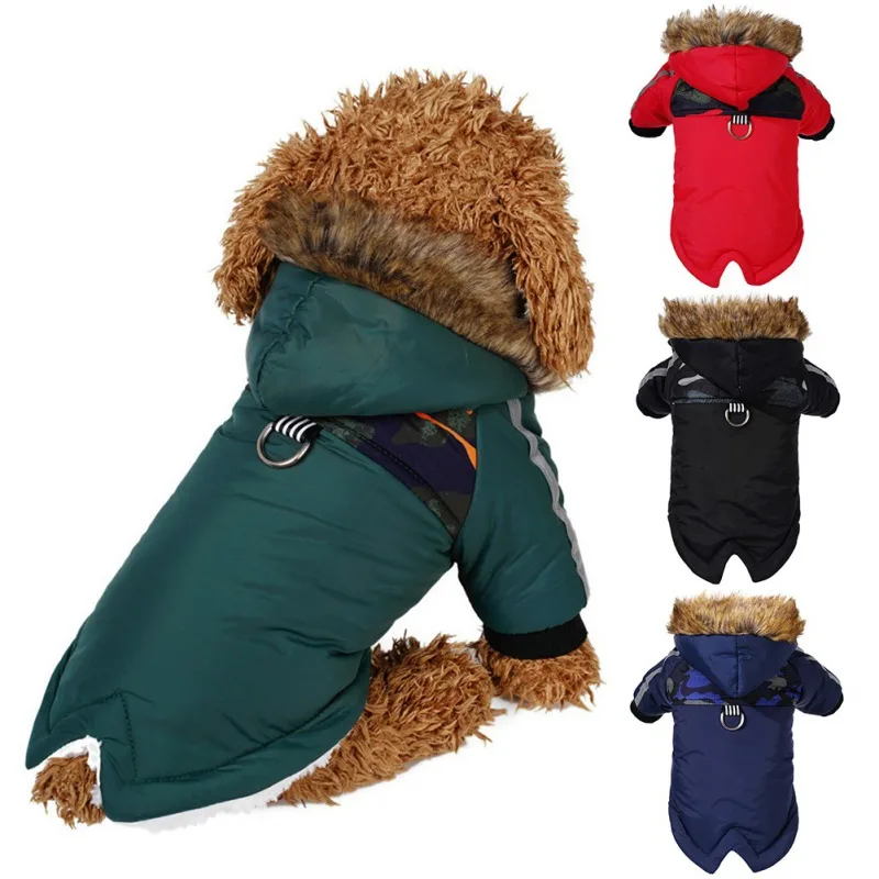 

Dog Autumn/Winter Clothes Pet Hoodie Two-Legged Plush Jacket Warm Coat With Traction Rope Reflective Striped Coat