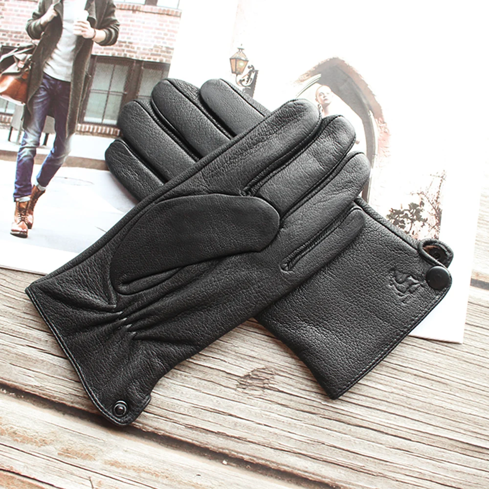 Guantes de piel de venado corrugados negros a la moda para hombre, forro de terciopelo de cuero, piel de conejo de imitación, guantes cálidos a