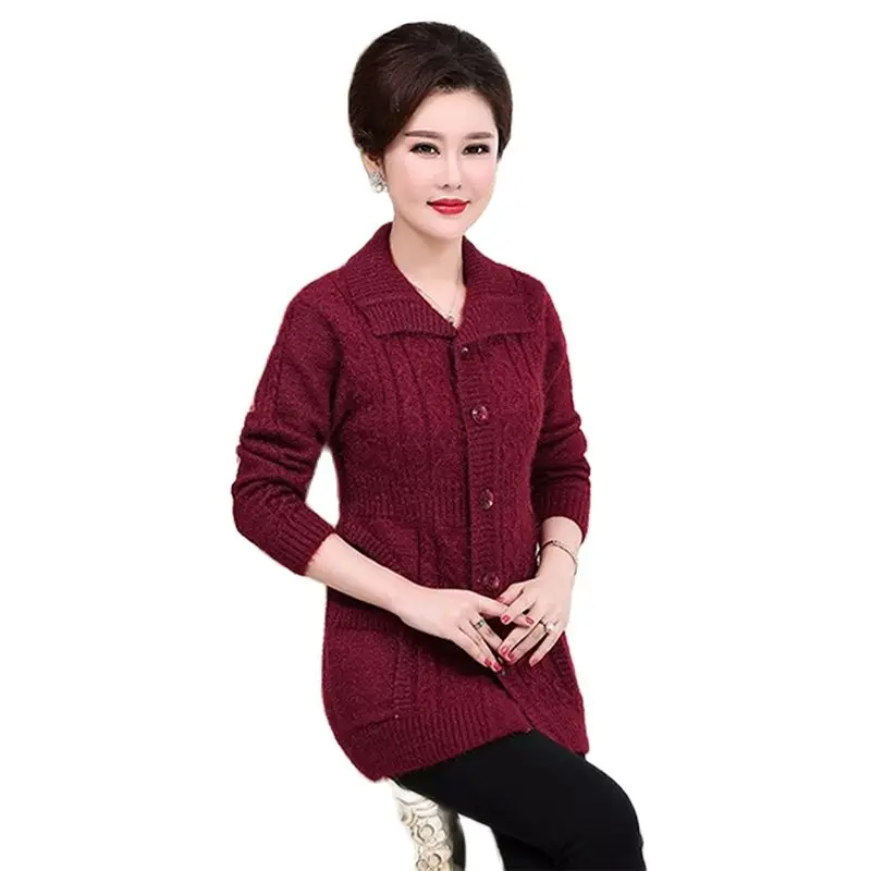 

Middle-Aged Elderly Women's Knitt Sweater Female Autumn Winter New Long Knitted Cardigan Coat Tops Casual Women Spring Jacket