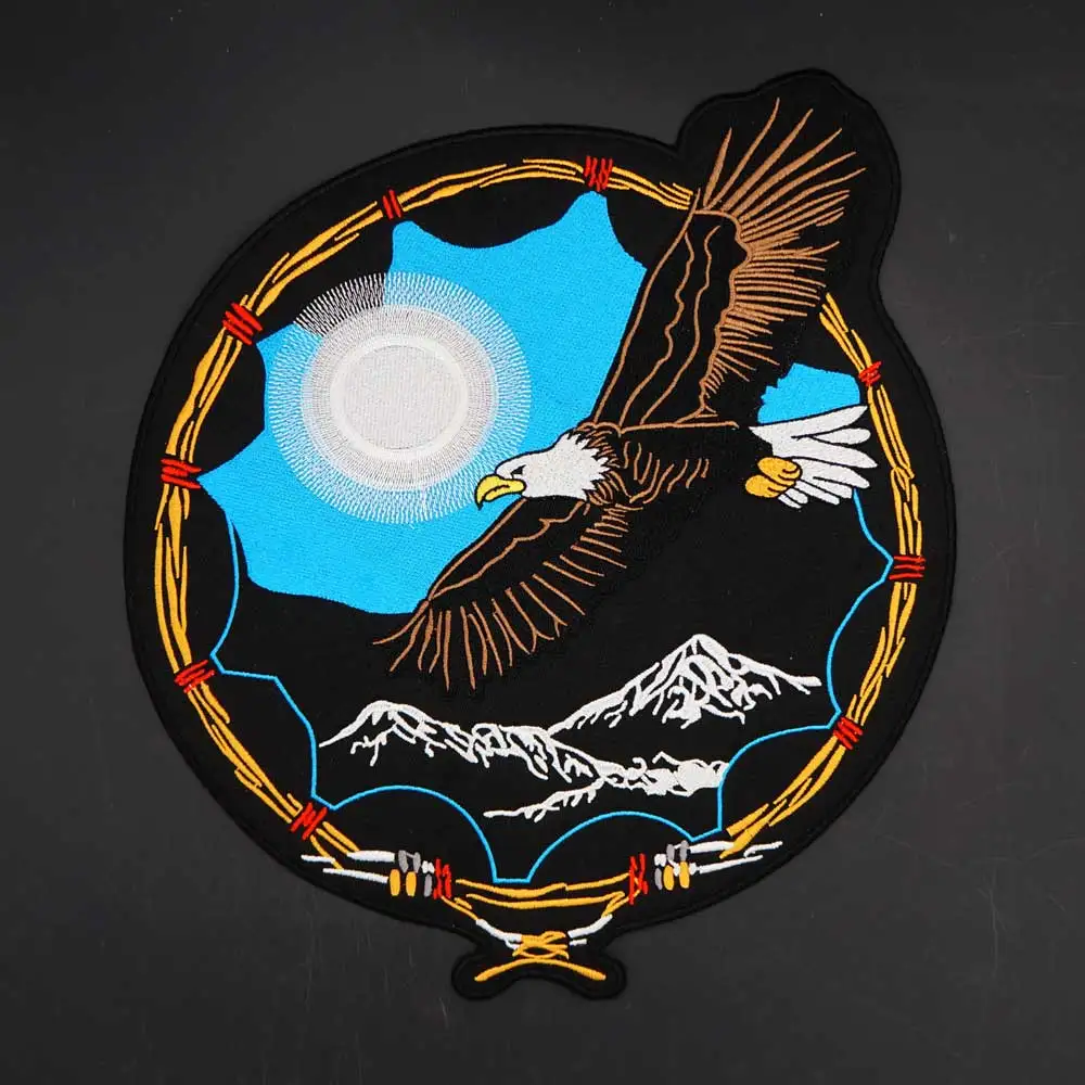 Large Eagle Sun Mountain Embroidery Patch for Clothing Hat Bags Iron on Backing