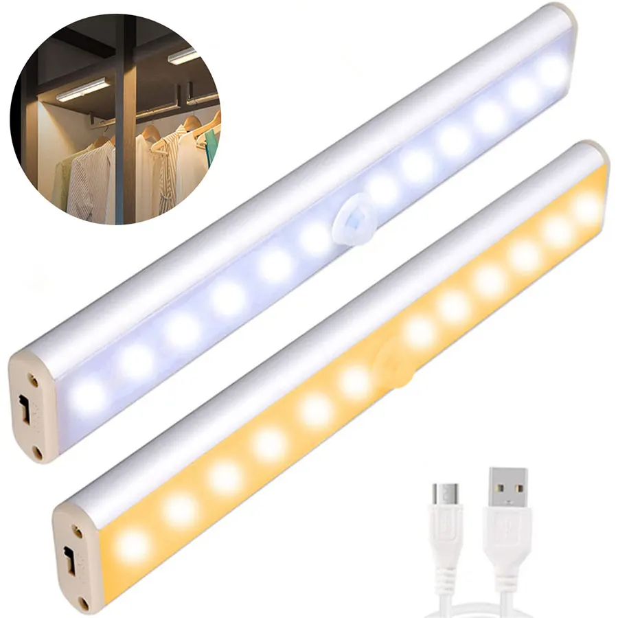 luz usb portatil recarregavel para armario lampada noturna com 10 leds sem fio com sensor de movimento e vara magnetica para cozinha 01