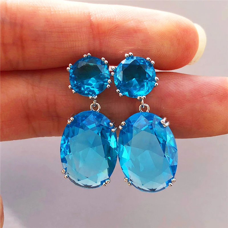 New Fashion Big Zircon Earrings Ladies Elegant Simple Earrings Blue Red Pendant Earrings Popular Jewelry