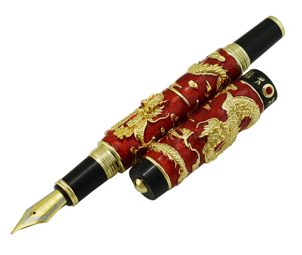 Jinhao Red Cloisonne Double Dragon Fountain Pen Iridium Medium Nib Advanced Craft Writing Gift Pen for Business, Graduate